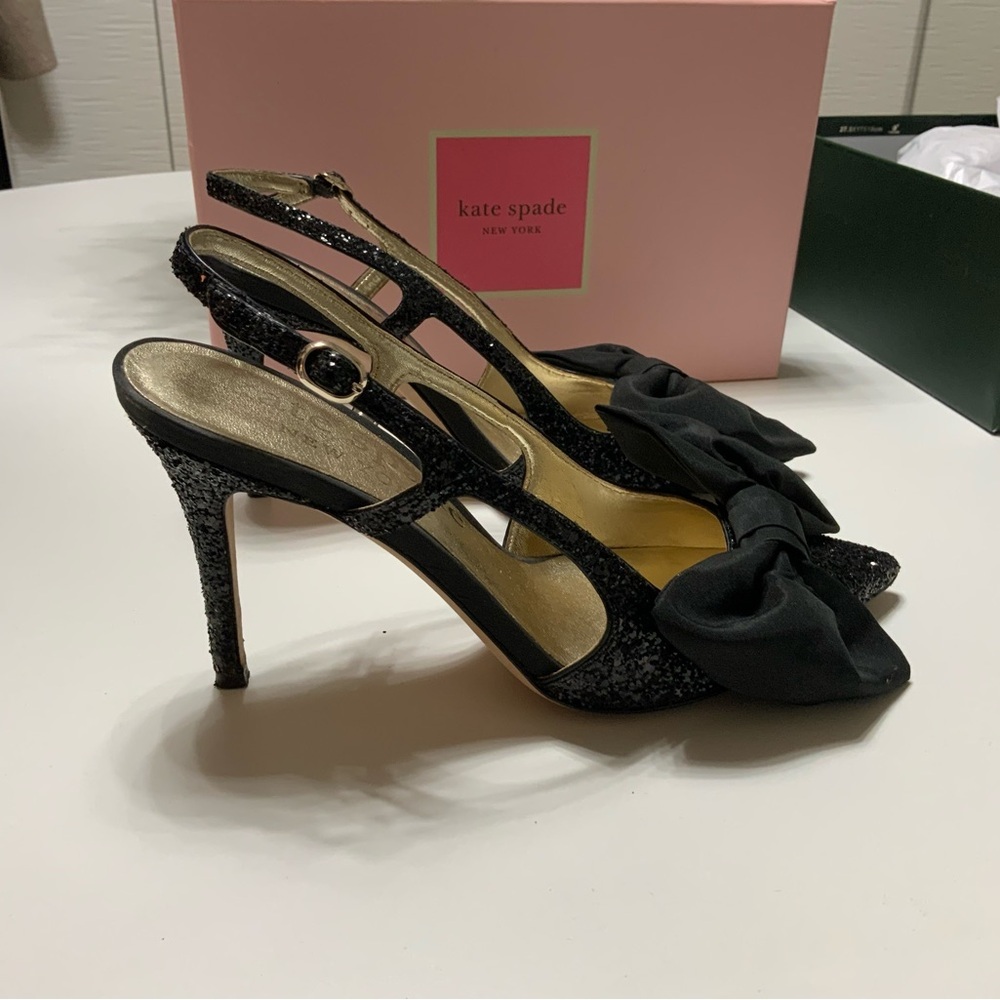 Kate Spade Sheela Black Glitter with Silk Bow Sling back heels - Picture 2 of 5